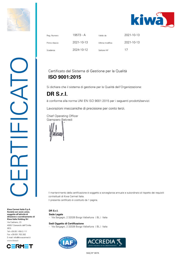 DR srl Officina Meccanica di precisione Certificazione UNI EN ISO 9001:2015